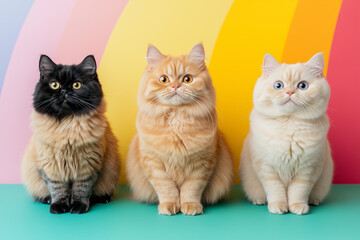 Three fluffy Persian cats in different colors posing against a vibrant rainbow backdrop