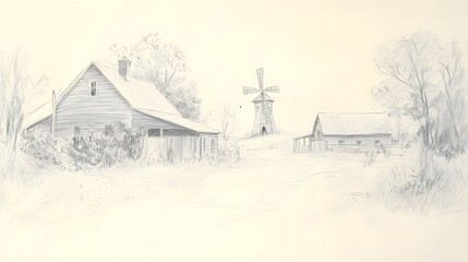 Fototapeta premium Detailed Pencil Sketch of Rustic Farmhouse with Mill Surrounded by Trees and Open Field