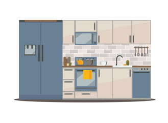 kitchen interior with furniture, flat vector illustration