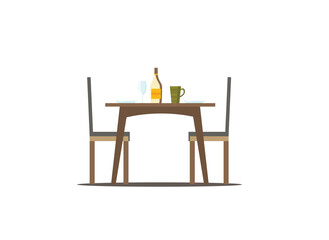 Dining table wich chairs and dishes. Sweet home interior with furniture. 
