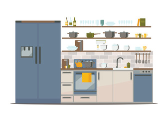 kitchen interior with furniture, flat vector illustration