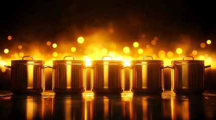 Golden Kitchen Pots Against a Warm Shimmering Background