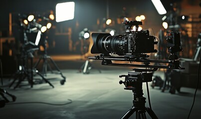 Professional film camera on tripod in studio, ready for recording with lighting equipment in background