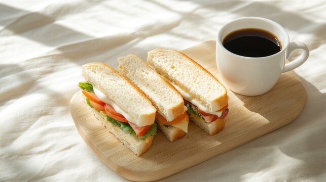 white cup with coffee, sandwiches, on a light wooden board