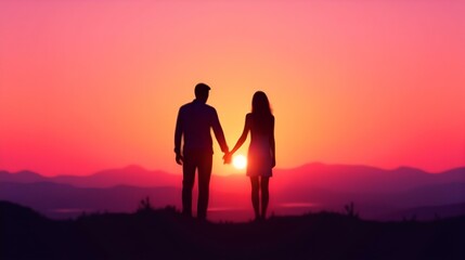 Couple Holding Hands at Sunset Romantic Silhouette