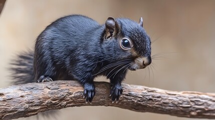 Adorable Black Squirrel on Branch Close Up