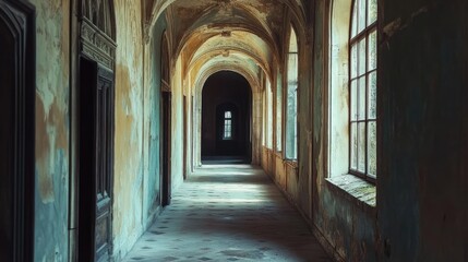 Obraz premium Elegant medieval castle corridor with antique furniture, arched windows, and natural light, blending historic charm with timeless beauty.