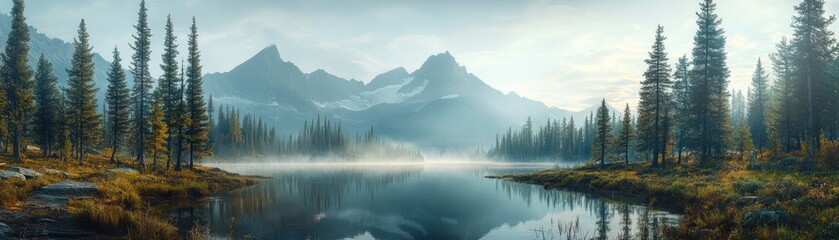 A serene mountain lake nestled in a tranquil valley, reflecting the mist-covered peaks of towering mountains in the distance.