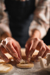 Close-up hands placing filling, arranging dough, shaping dumplings, adding cottage cheese, preparing pastry, cooking process, creating traditional dish, making homemade food