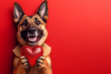 Obraz premium Cute belgian malinois dog with sparkling rhinestones red heart - emblem of love, funny greeting card. Belgian malinois - my treasured dog. Promotion creative. Red heart decorations. Red heart.
