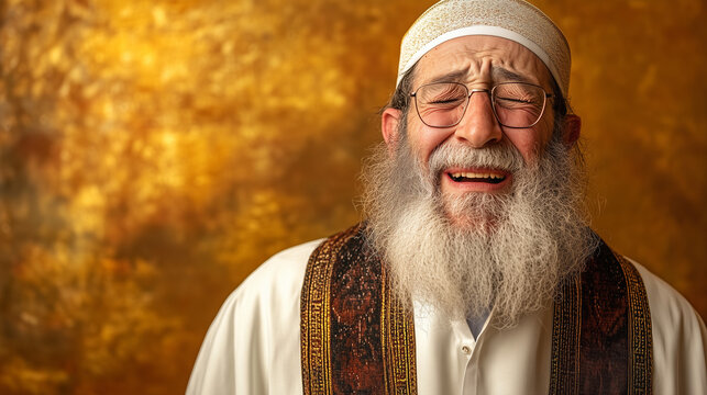 Jewish rabbi in glasses on the verge of tears against a golden background for emotional portrait concept