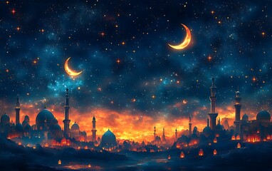 Naklejka premium Fantasy Mosque Under a Starry Sky with Twin Crescent Moons Illuminating Fiery Clouds