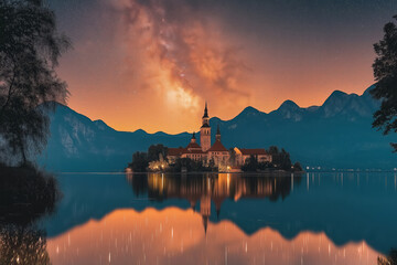 Fototapeta premium Pilgrimage church reflecting on lake bled at sunset under the milky way