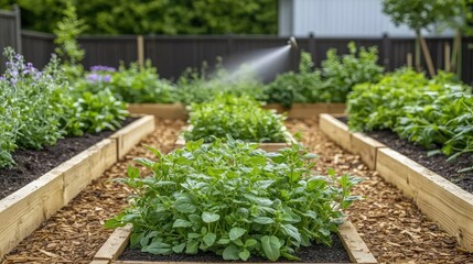 Natural fertilizer gardening idea. Lush vegetable garden with raised beds, flourishing plants, and gentle watering.