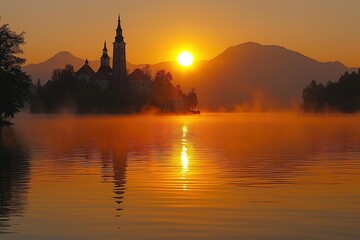 Naklejka premium Sunrise over lake bled reflecting on water with pilgrimage church of the assumption of maria, slovenia