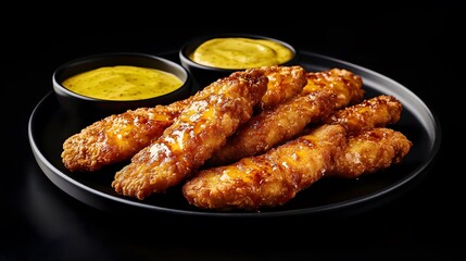 Crispy Chicken Tenders Glazed with Honey Sauce Served on Plate with Dipping Sauces for Delicious Meal Experience