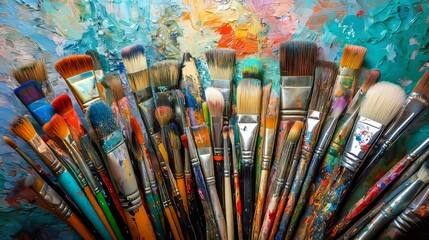 Obraz premium Bright illustration of artistic tools: brushes, pencils, and a watercolor palette. A colorful and stylish design perfect for art, creativity, education, and hobby-related themes