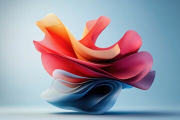 This image features a visually captivating 3d abstract design, composed of intricately layered, flowing cloth elements in a harmonious blend of red, pink, and blue tones against a soft blue background