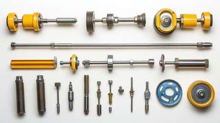Obraz premium Collection of precision-engineered mechanical components arranged on a clean surface, showcasing intricate designs