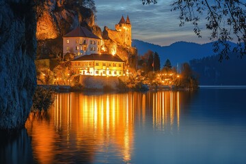 Medieval castle and lake bled reflecting at twilight in slovenia