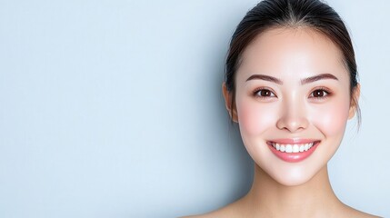 Smiling woman, portrait, beauty, skincare, studio, light blue background, advertisement