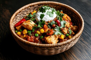 A hearty bowl of chicken chili featuring vibrant vegetables, topped with fresh cilantro and a dollop of sour cream, perfect for comfort food lovers seeking flavor.