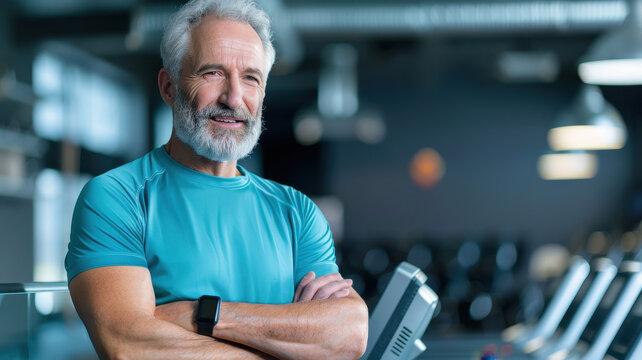 confident senior man in gym wearing teal athletic shirt and fitness tracker, smiling with arms crossed, standing in front of exercise equipment, promoting health and active lifestyle