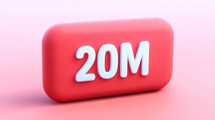 20M Red Button, 3D Render of Social Media Notification with Twenty Million Subscribers