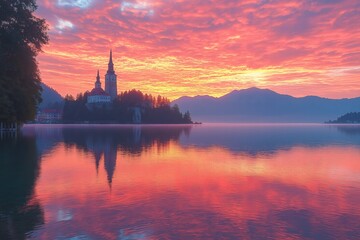 Fototapeta premium Lake bled island reflecting stunning red sunrise in slovenia