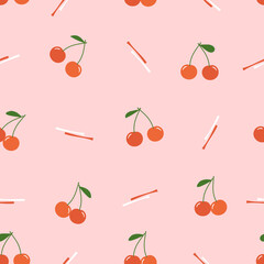 Seamless pattern with cherry and hand drawn line on pink background vector.