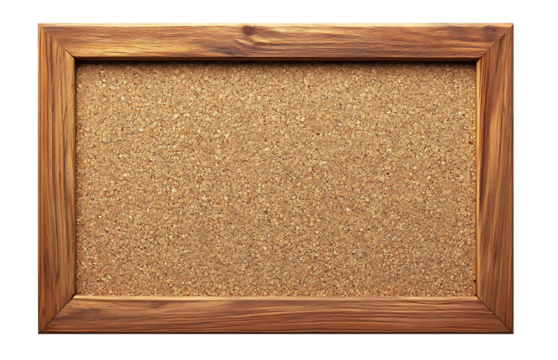 Rectangular Cork Bulletin Board With Wooden Frame on transparent background.
