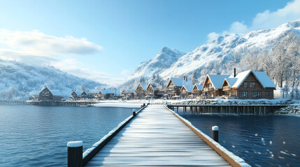 Scandinavian winter landscape view from wooden pier or dock platform. Nordic village with wood houses at sea shore and mountain. Wintertime resort settlement with hotels, Cartoon vector illustration