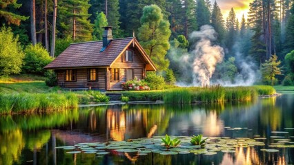 Obraz premium Serene lakeside cabin nestled amongst lush greenery and towering trees, bathed in the warm glow of a tranquil sunset