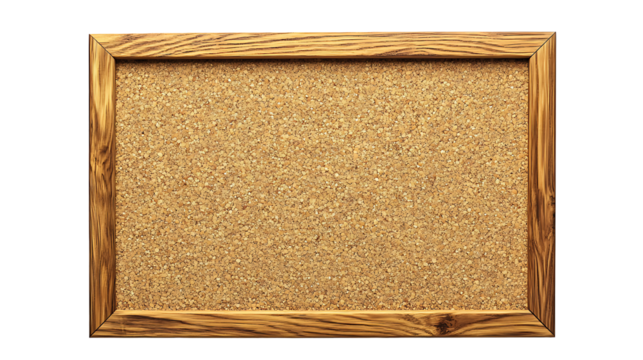 Rectangular Cork Bulletin Board With Wooden Frame on transparent background.