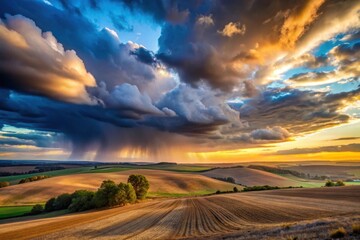 Dramatic Sunset Over Rolling Fields with Imposing Rain Clouds