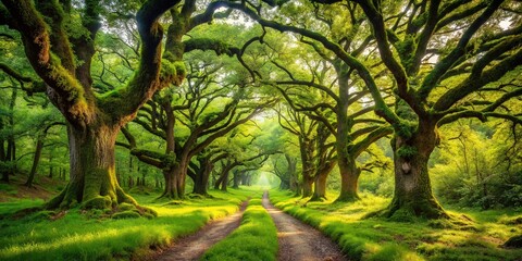 Obraz premium Spring Woodland Trail - Lush Oak Forest Path