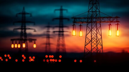 Fototapeta premium Dramatic Power Lines Silhouetted Against Colorful Sunset Sky