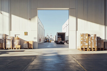 A well-organized warehouse loading dock with pallets of goods neatly stacked and a large delivery truck preparing for transportation
