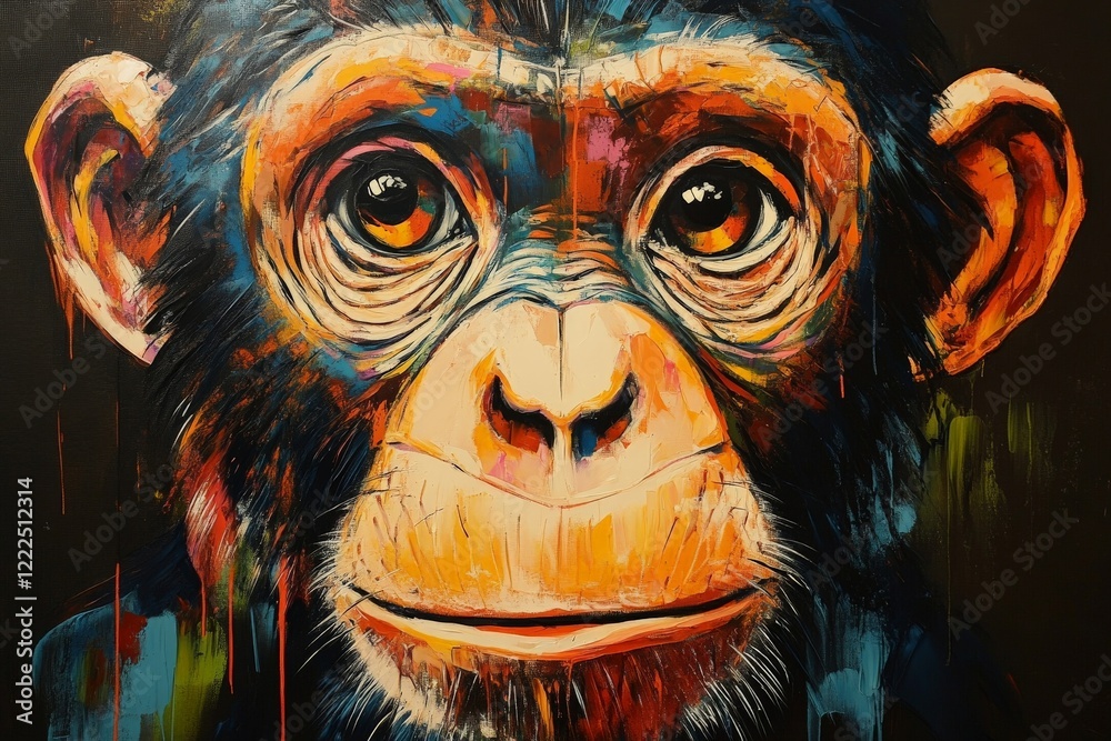 Poster vibrant artwork depicting a close-up of a chimpanzee's expressive face in bold colors and intricate 