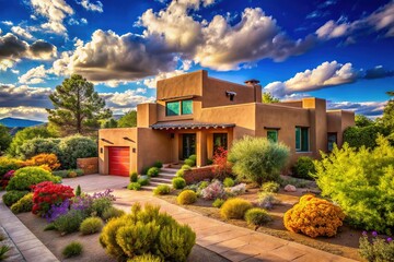 Fototapeta premium Suburban Santa Fe home, Adobe style, candid shot.