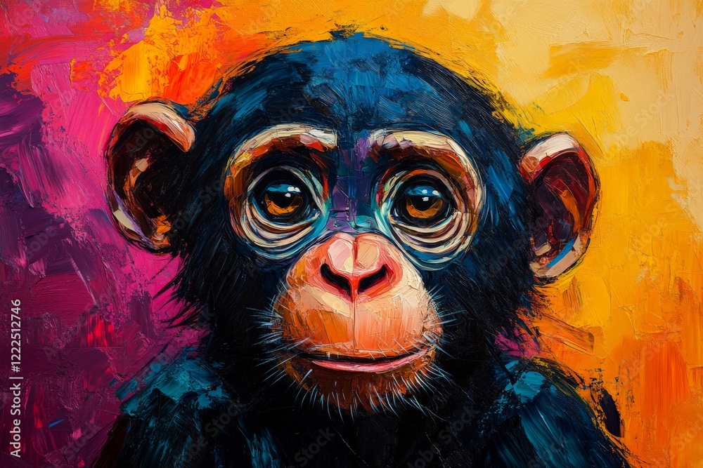 Poster colorful portrait of a chimpanzee against a vibrant background reflecting emotion and expression