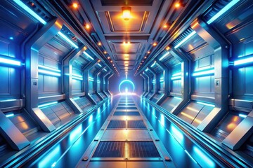 Obraz premium Futuristic Corridor Glowing Blue and Orange Lights Illuminate a Sleek, Modern Sci-Fi Passageway Leading to a Bright Portal