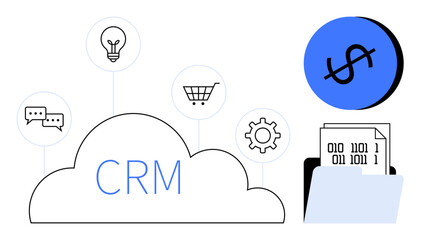CRM cloud with icons for ideas, shopping, settings, and communications. Folder holding documents under a dollar sign. Ideal for business management, data integration, customer service, marketing