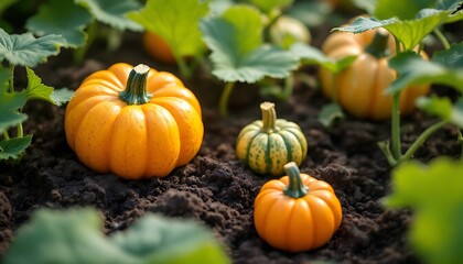 Mini Pumpkins Growing In Garden Rich Soil Green Leaves