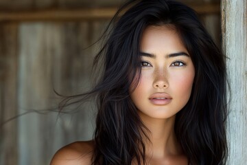 Young woman with long dark hair poses gracefully against a rustic wooden backdrop in natural light