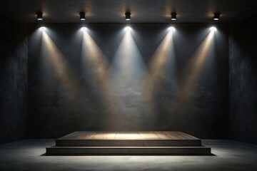 Obraz premium Elevated Wooden Platform Illuminated by Spotlights in a Dark Room with a Textured Wall