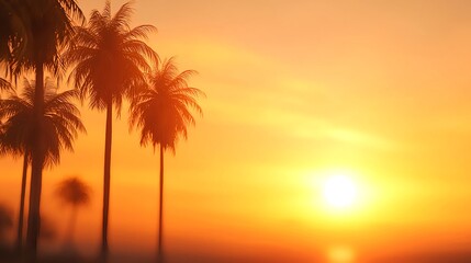 Obraz premium Sunset over Palm Trees with Glowing Orange Sky and Calm Waters