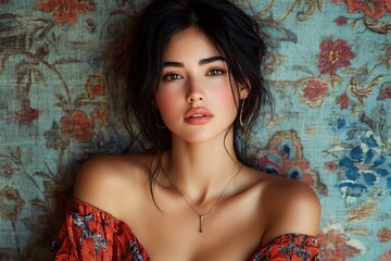 Young woman poses gracefully against a floral backdrop with soft natural lighting in a relaxed indoor setting