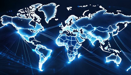 Fototapeta premium Futuristic Digital World Map with Glowing Connections – Global Business and Technology Concept