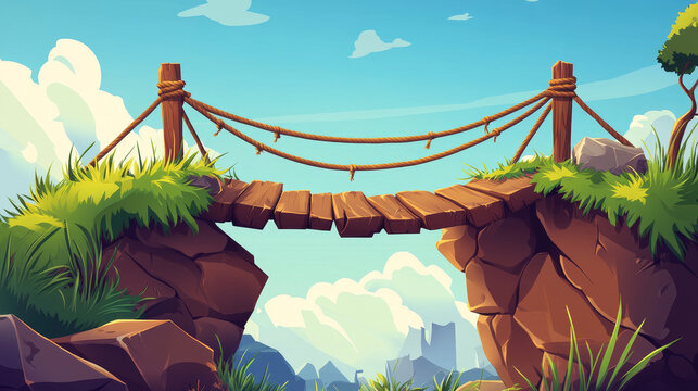 Hanging old bridge with rope, stones and green grass for game ui design. Cartoon vector illustration set of wooden suspension dangerous risky footbridge straining over abyss at edge of cliff.